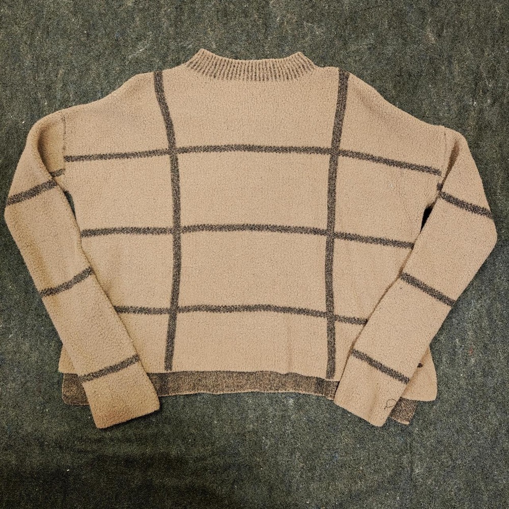 Carve Designs Brown Cream Plaid Mock Neck Sweater Womens XS Windowpane Knit